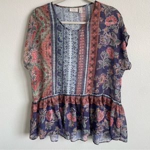 LOGO by Lori Goldstein Mixed Print Colorful Sheer Peplum Blouse Floral Ruffle